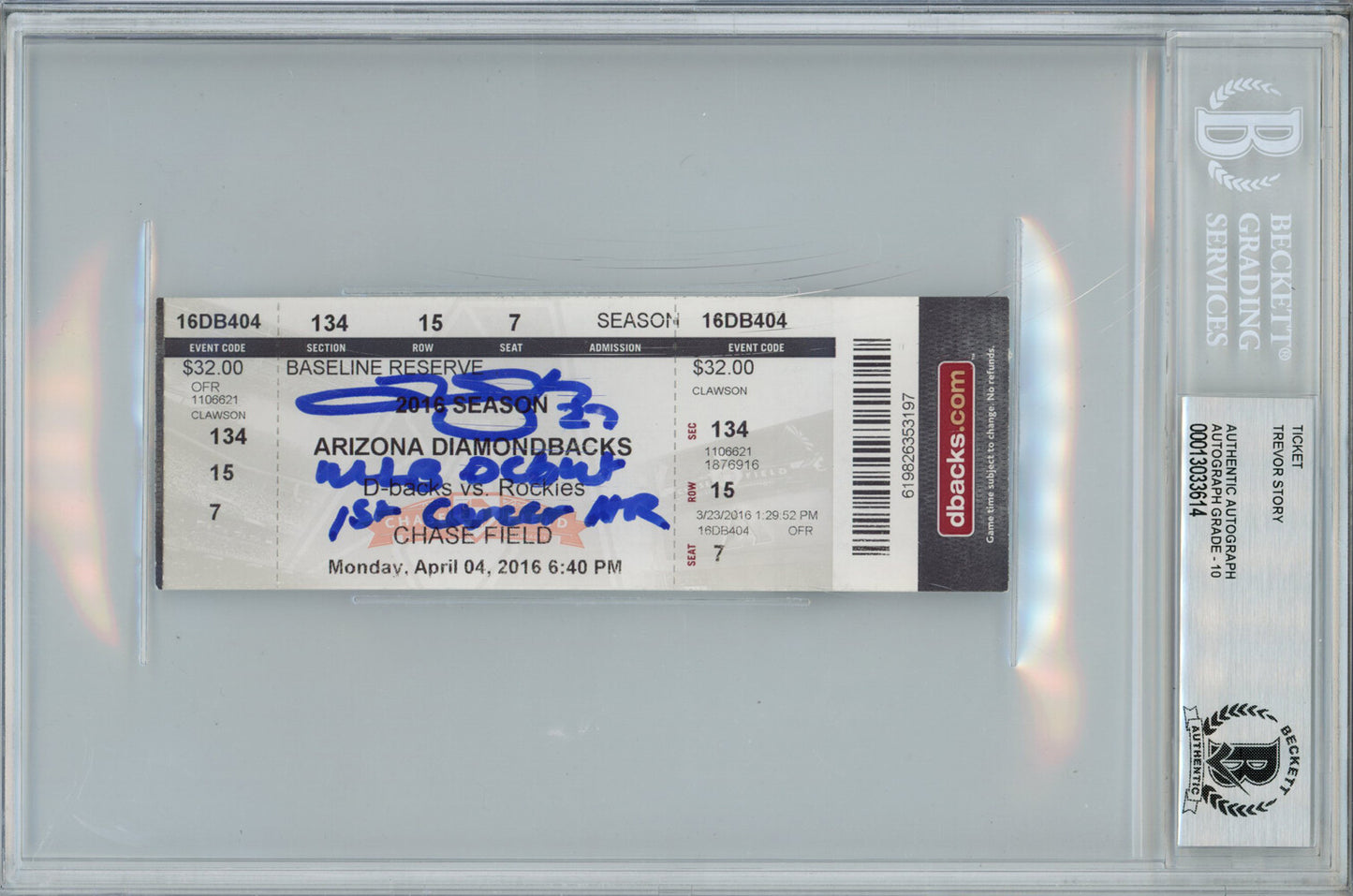 Trevor Story Signed MLB Debut & 1st HR Ticket Stub Rockies BAS Slabbed