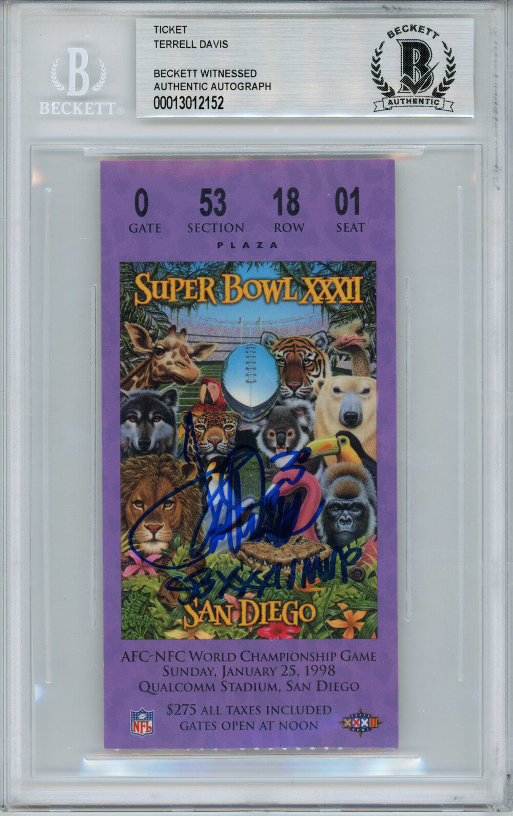 Terrell Davis Autographed Super Bowl XXXII Ticket Stub BAS Slabbed