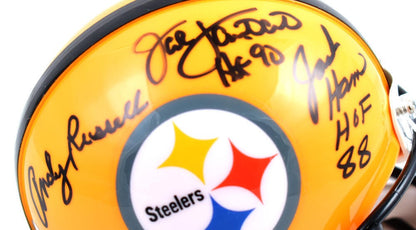 Jack Ham, Jack Lambert & Andy Russell Signed Steelers Gold Mini Helmet