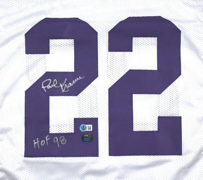 Paul Krause Autographed Custom White Jersey with HOF Inscription