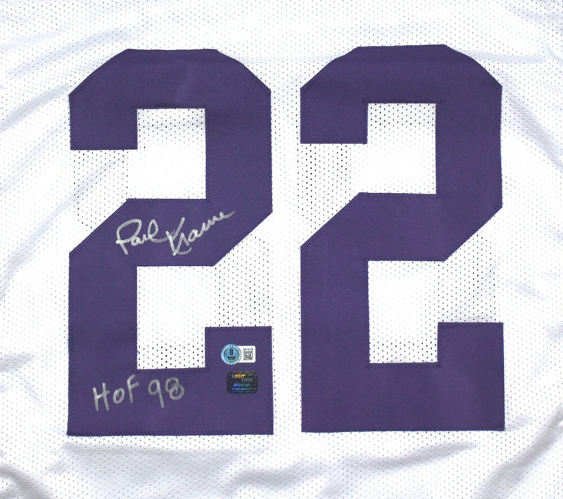 Paul Krause Autographed Custom White Jersey with HOF Inscription