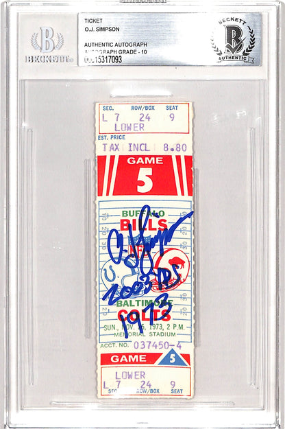 OJ Simpson Signed 11/25/73 Ticket Stub "2003 yds" Grade 10 Beckett