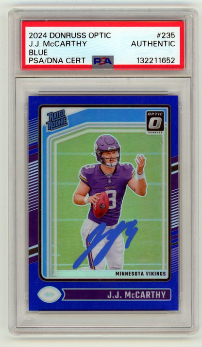 J.J. McCarthy 2024 Donruss Optic Blue Prizm Signed Rated Rookie Card /199 PSA