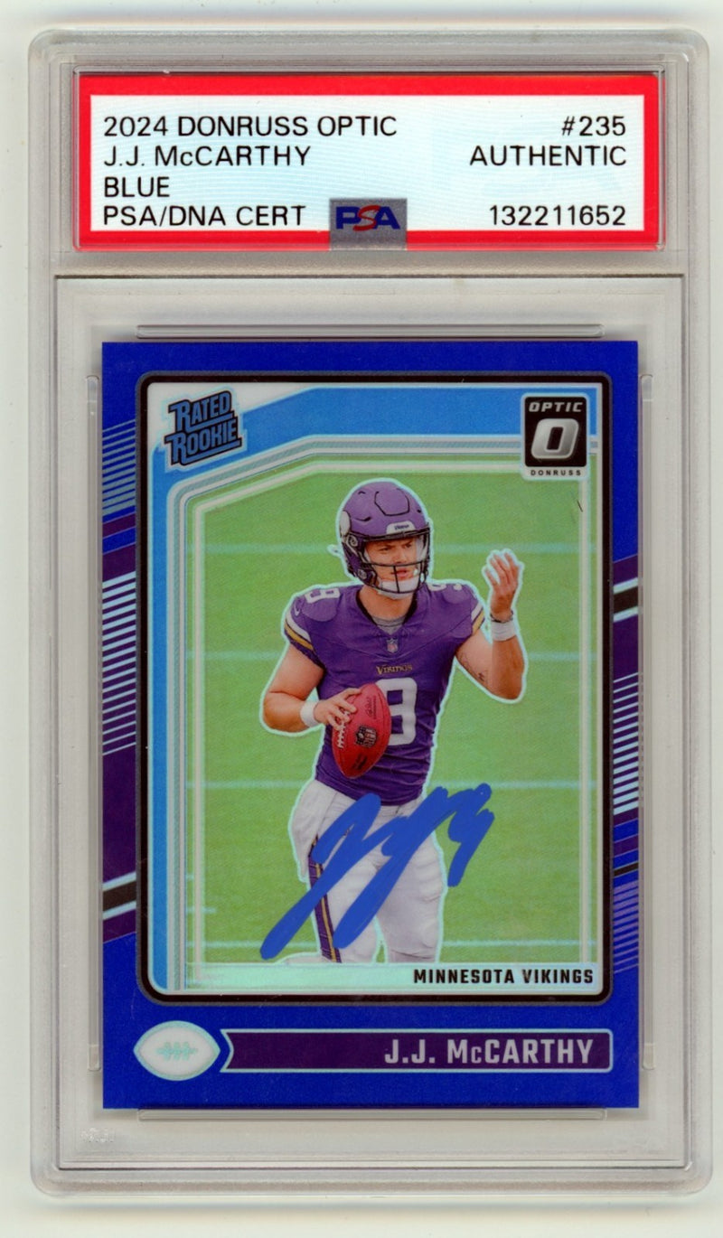 J.J. McCarthy 2024 Donruss Optic Blue Prizm Signed Rated Rookie Card /199 PSA