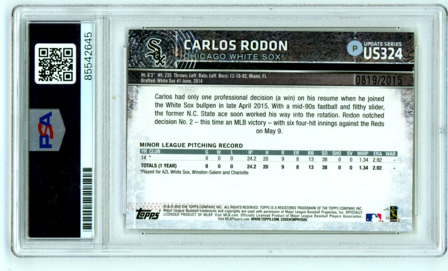 Carlos Rodon Signed 2015 Topps Update Gold Rookie Card PSA Authentic