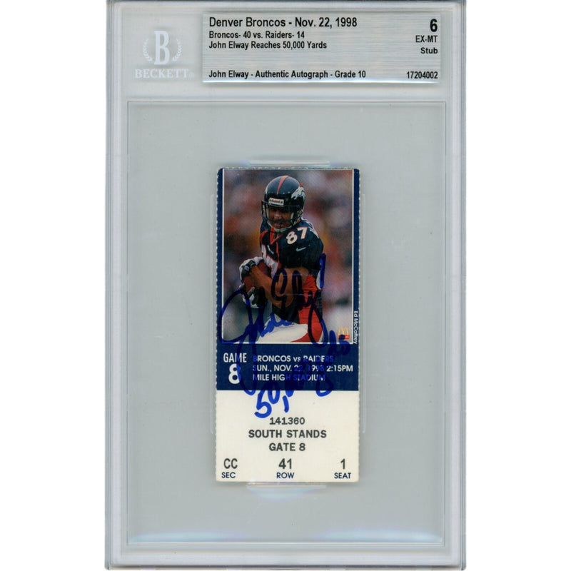 John Elway Autographed Ticket Stub Denver Broncos 11/22/98 "50000 Yds"