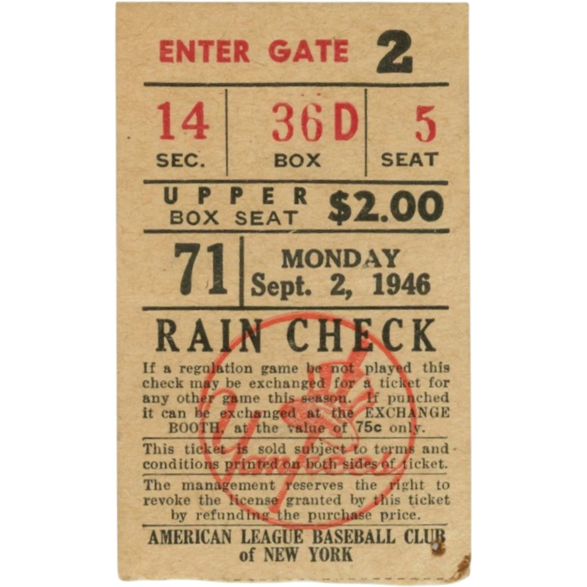 New York Yankees vs Boston Red Sox 1946 Ticket Stub
