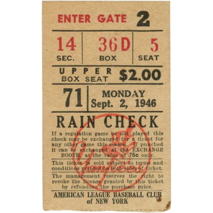 New York Yankees vs Boston Red Sox 1946 Ticket Stub
