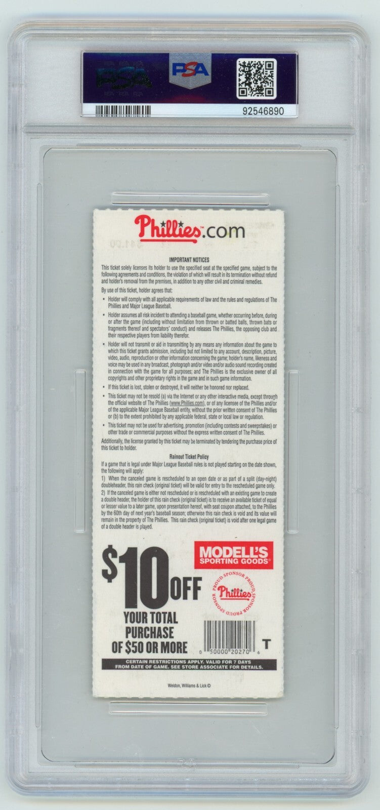 Craig Kimbrel Signed Atlanta Braves MLB Debut Season Ticket PSA 10 Auto