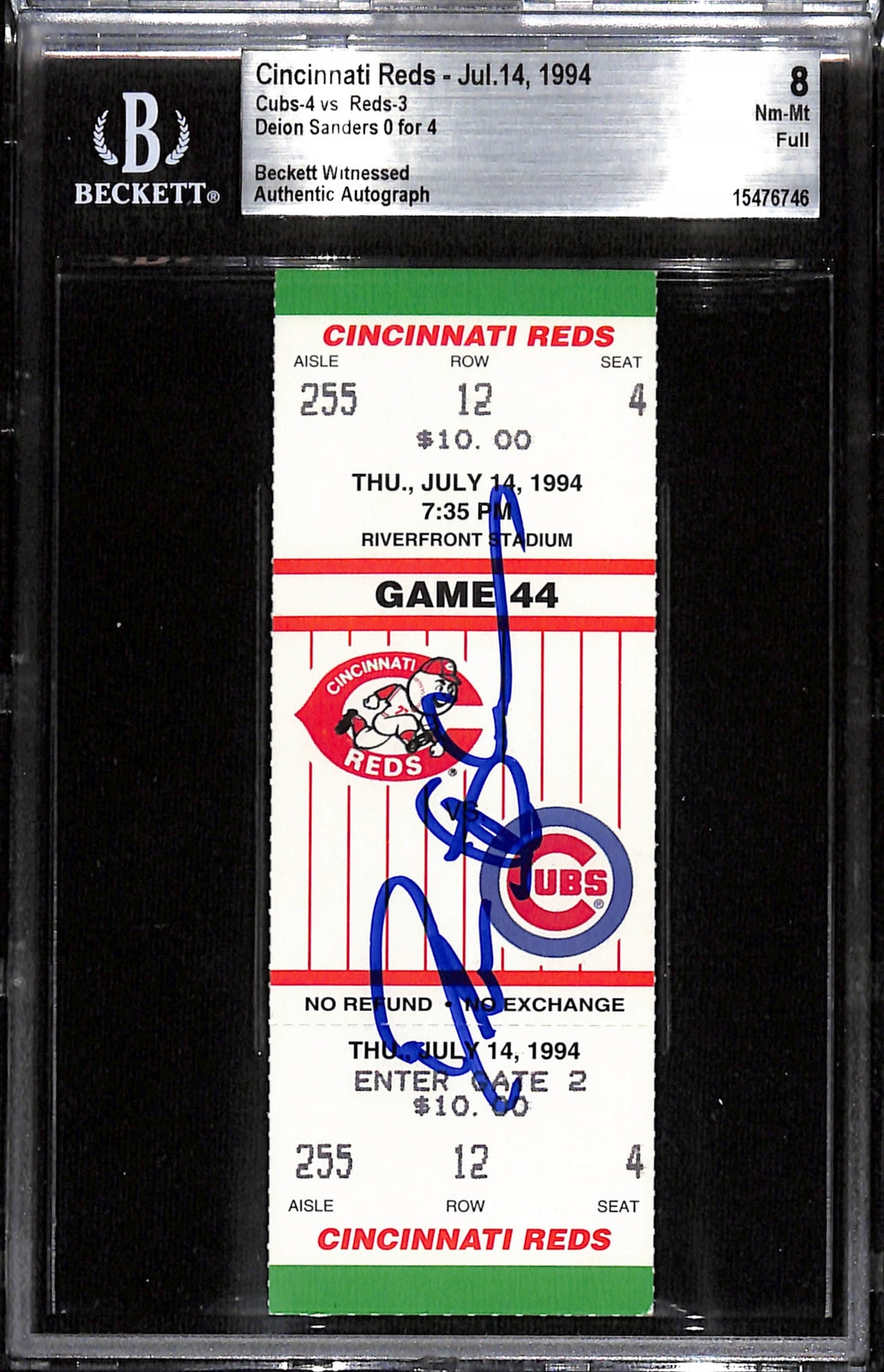 Deion Sanders Signed Cincinnati Reds Slabbed Ticket Stub Grade 8 BAS