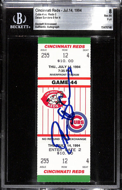 Deion Sanders Signed Cincinnati Reds Slabbed Ticket Stub Grade 8 BAS
