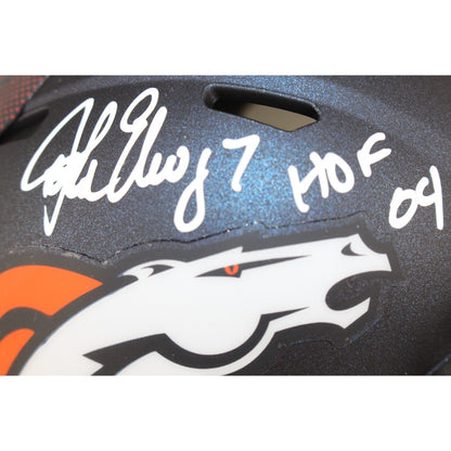John Elway Signed Denver Broncos Mini Helmet with "HOF" Inscription Beckett BAS