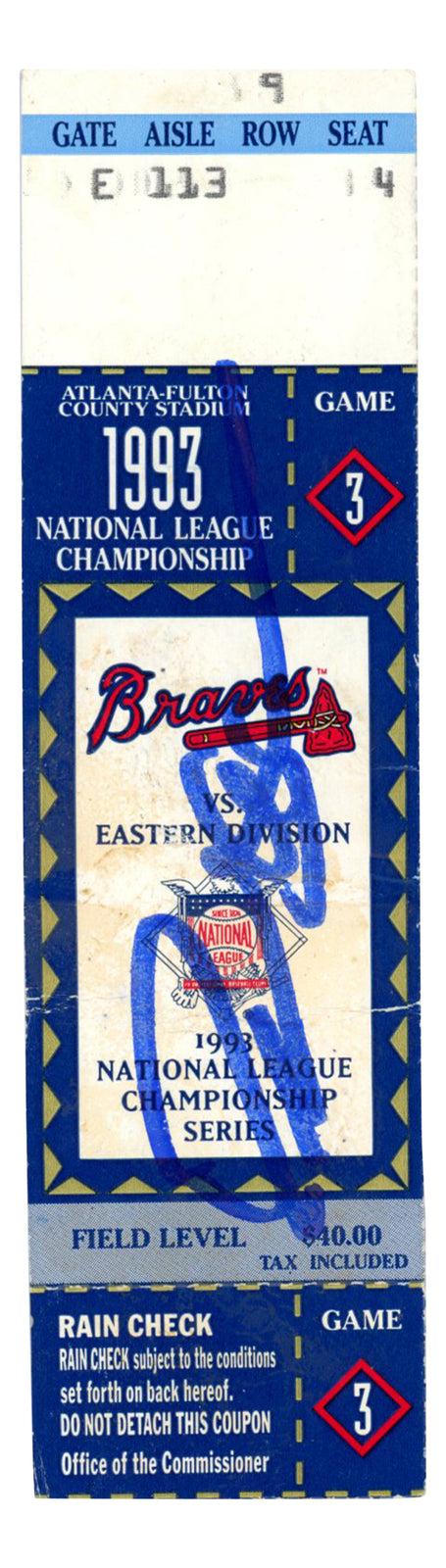 Deion Sanders Signed Atlanta Braves 1993 NLCS Game 3 Ticket Stub BAS