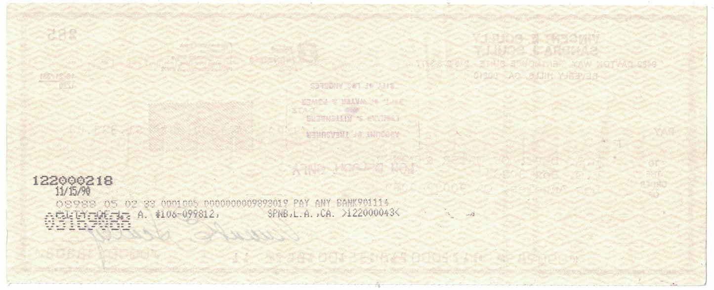 Vin Scully Autographed 1990 First Interstate Bank Check