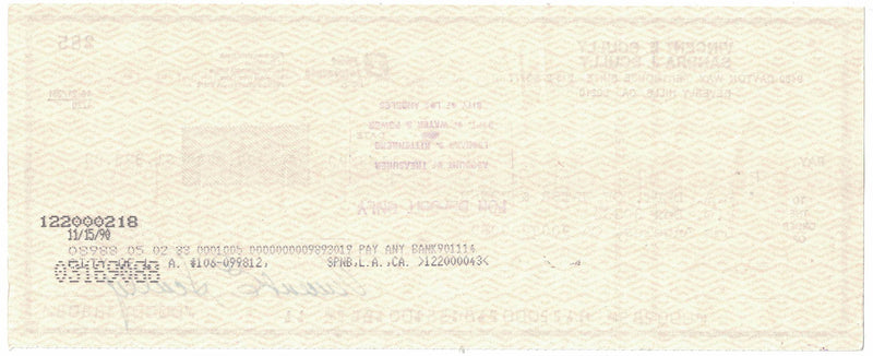 Vin Scully Autographed 1990 First Interstate Bank Check