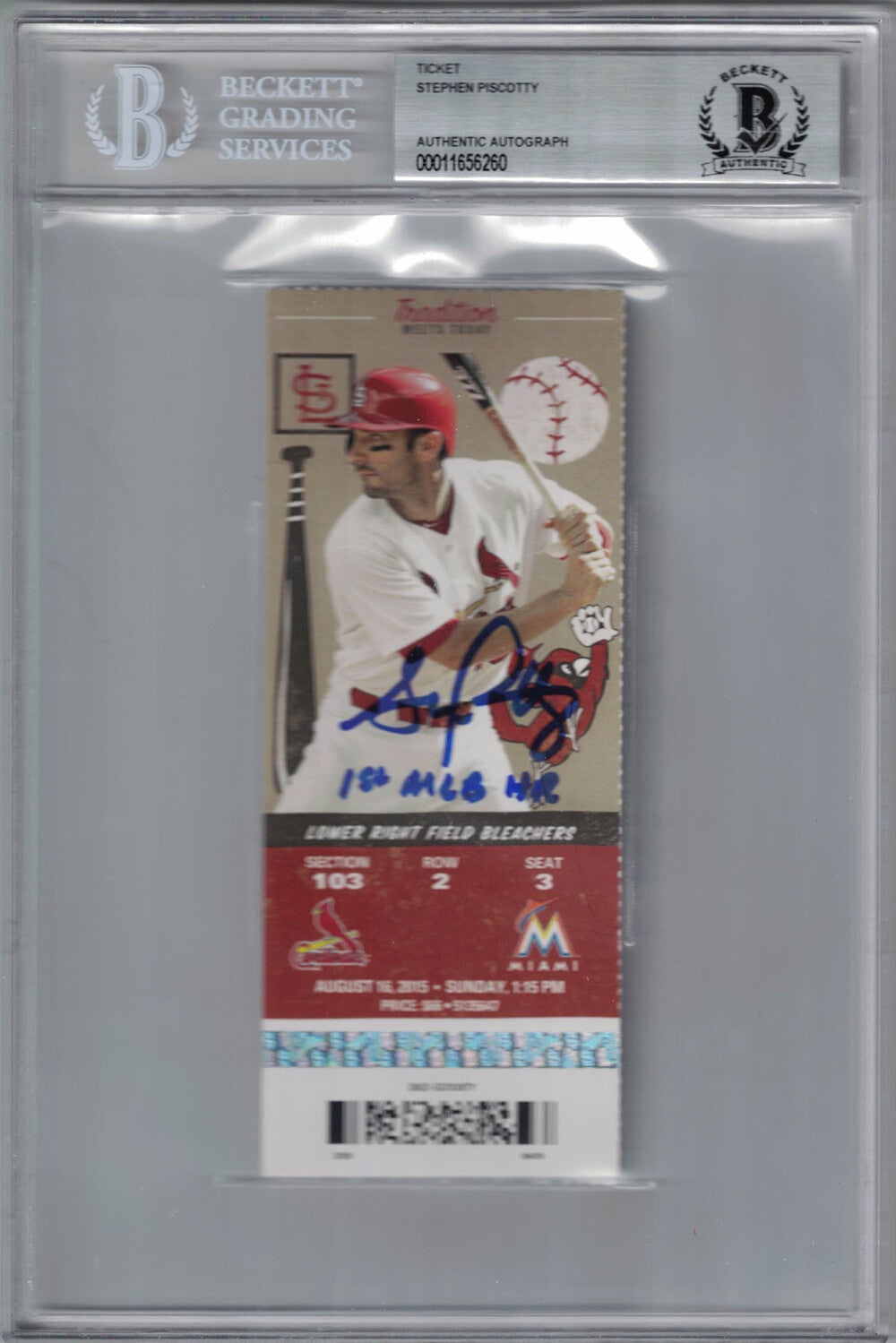 Stephen Piscotty Signed St. Louis Cardinals 1st MLB HR Ticket - BAS Slab