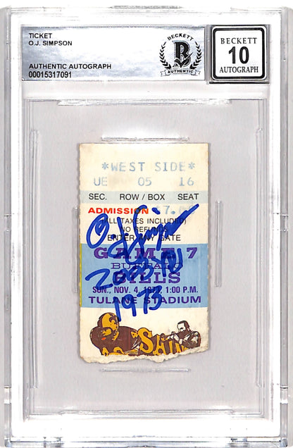 OJ Simpson Signed 1973 Ticket Stub Inscribed "2003 yds" Beckett Auto 10