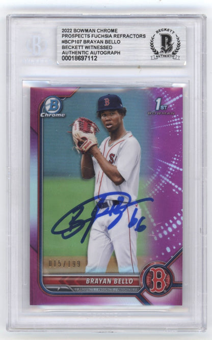Brayan Bello Signed 2022 Bowman Chrome Fuchsia Refractor Card BGS #/199
