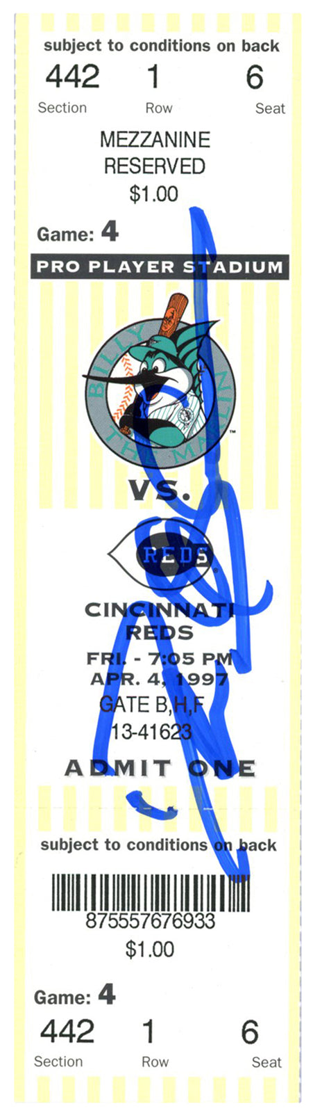 Deion Sanders Signed Cincinnati Reds 4/4/1997 Game Ticket Stub BAS