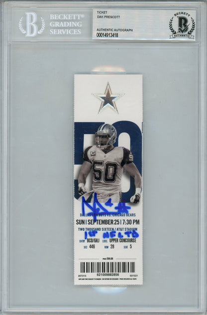 Dak Prescott Signed Dallas Cowboys 1st NFL TD Ticket Stub BAS Slab