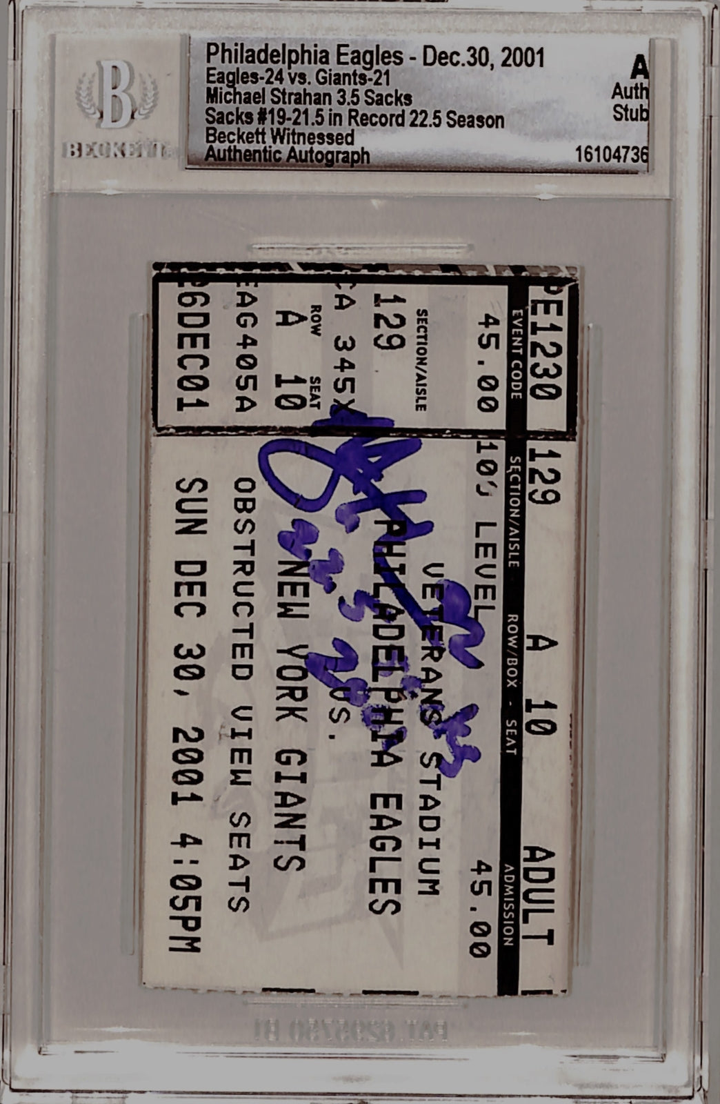 Michael Strahan Signed NY Giants Ticket Stub "22.5 Sacks 2001" Beckett Slab