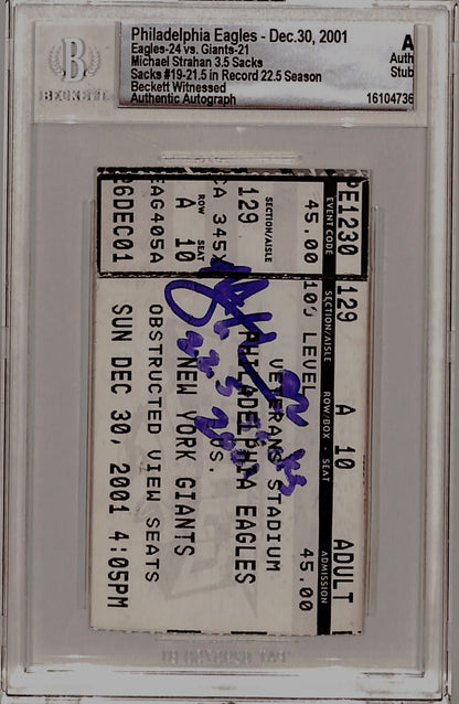 Michael Strahan Signed NY Giants Ticket Stub "22.5 Sacks 2001" Beckett Slab