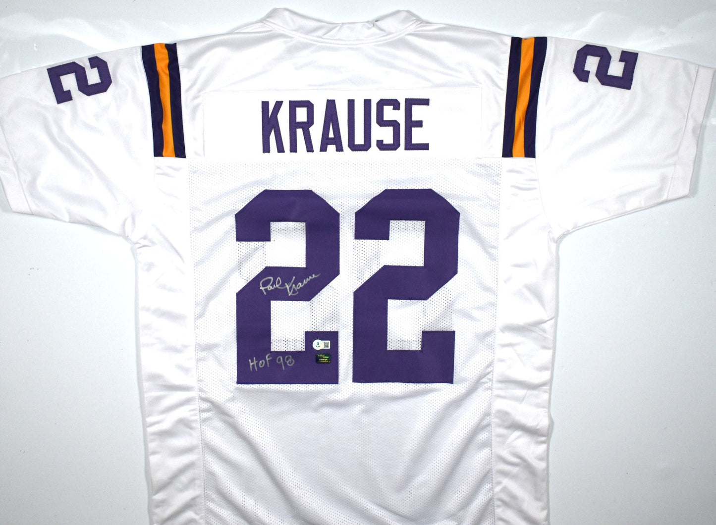 Paul Krause Autographed Custom White Jersey with HOF Inscription