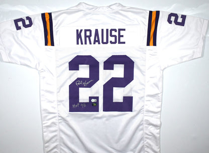 Paul Krause Autographed Custom White Jersey with HOF Inscription