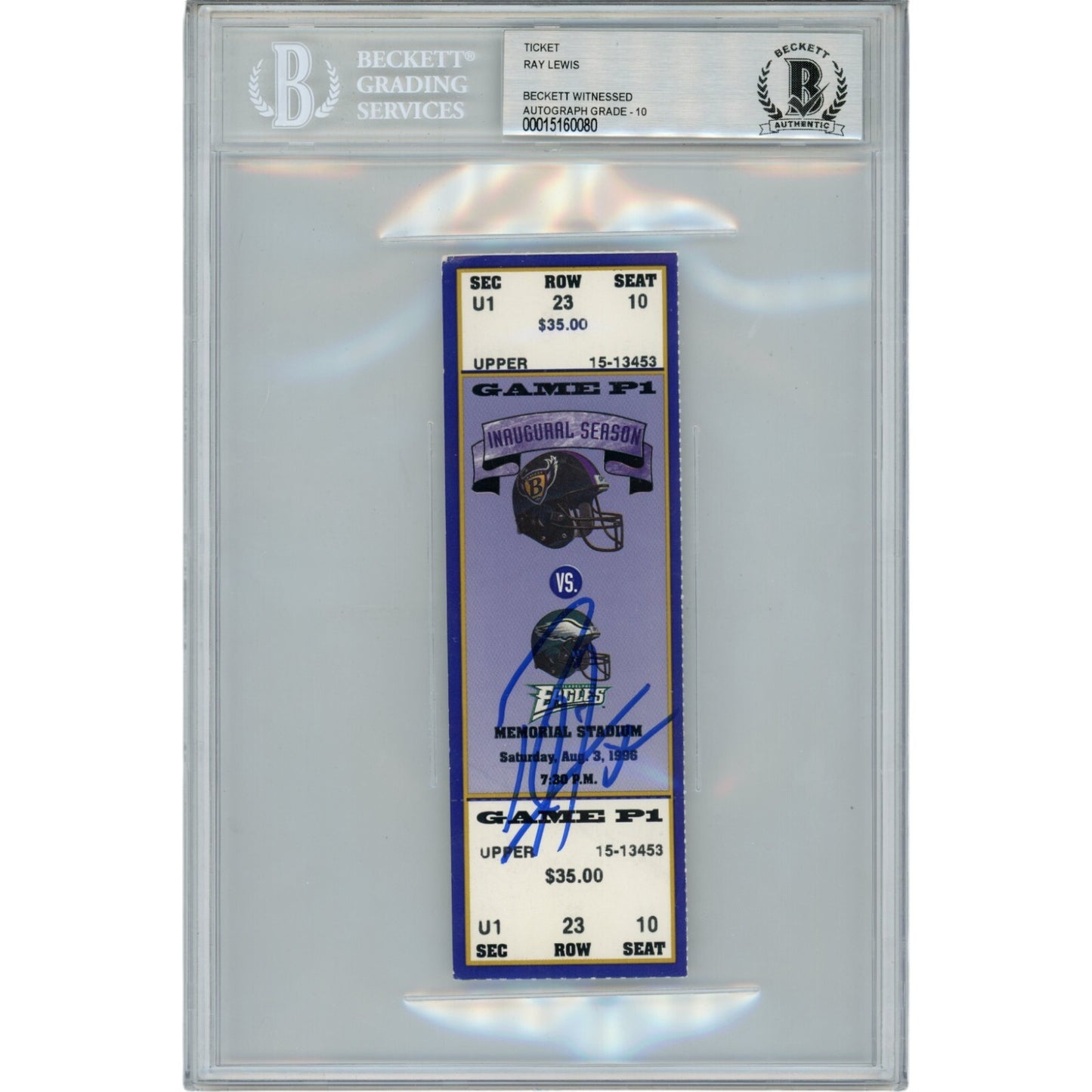 Ray Lewis Autographed Baltimore Ravens 8/3/96 Full Ticket Stub (BAS)