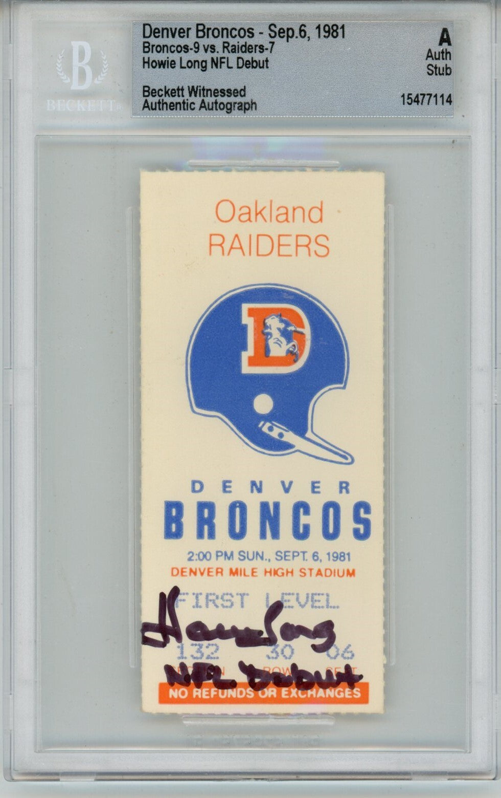 Howie Long Signed Oakland Raiders Ticket Stub NFL Debut Inscription Beckett