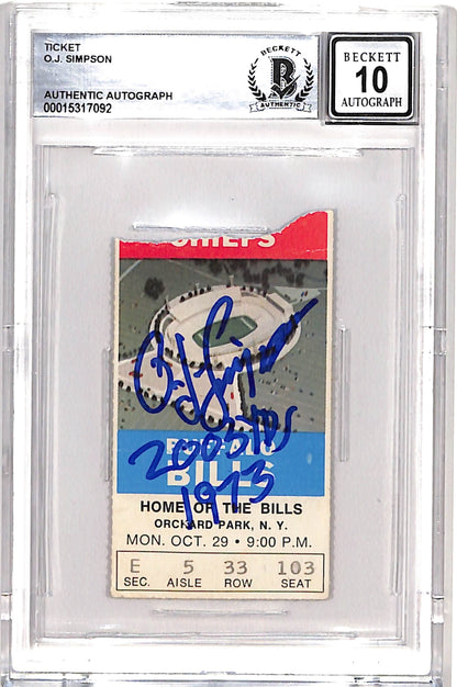 OJ Simpson Signed Ticket Stub 10/29/73 Inscribed "2003 yds" Beckett 10