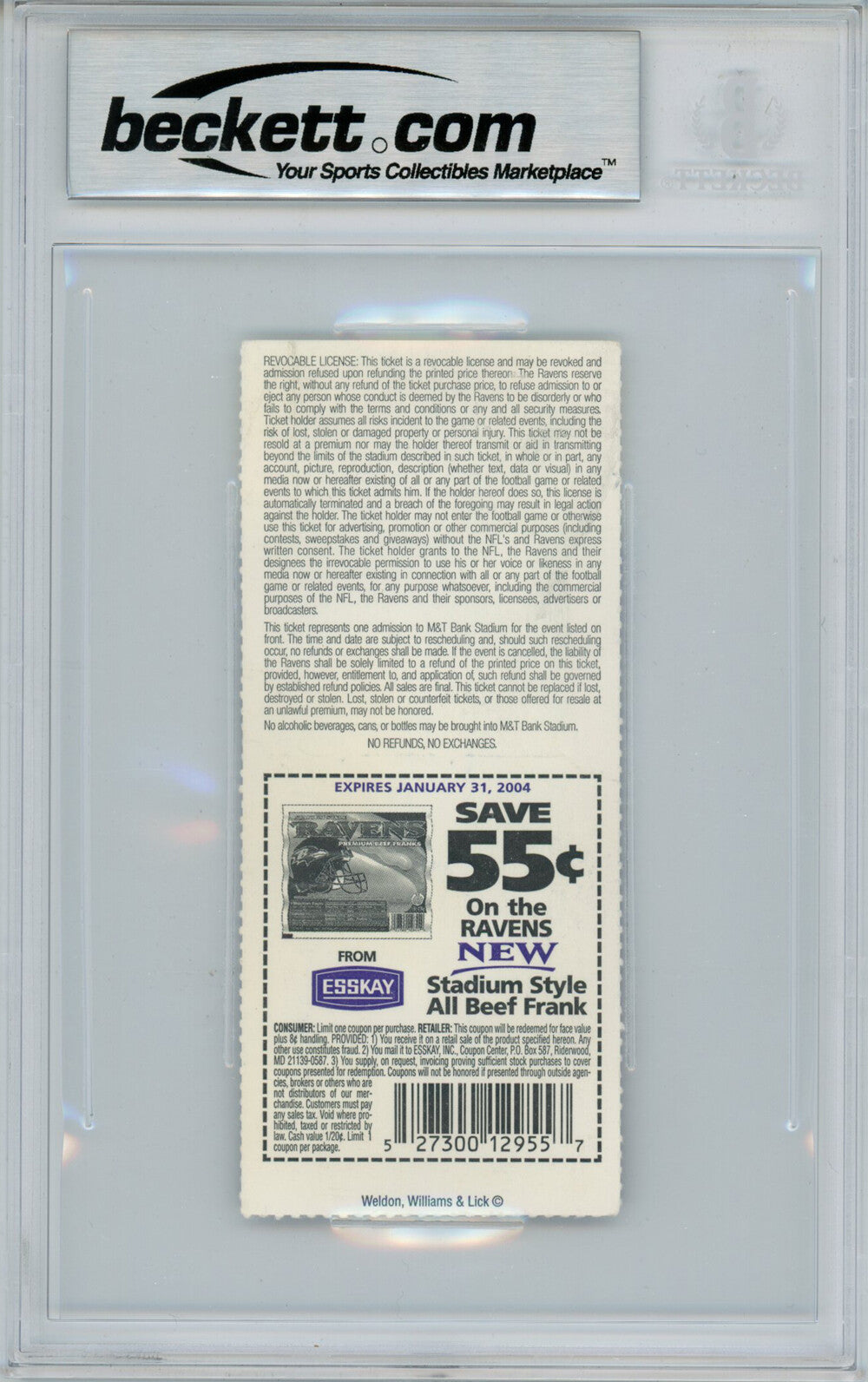 Ray Lewis Signed 9/14/2003 vs Browns Game Ticket - Beckett Slabbed