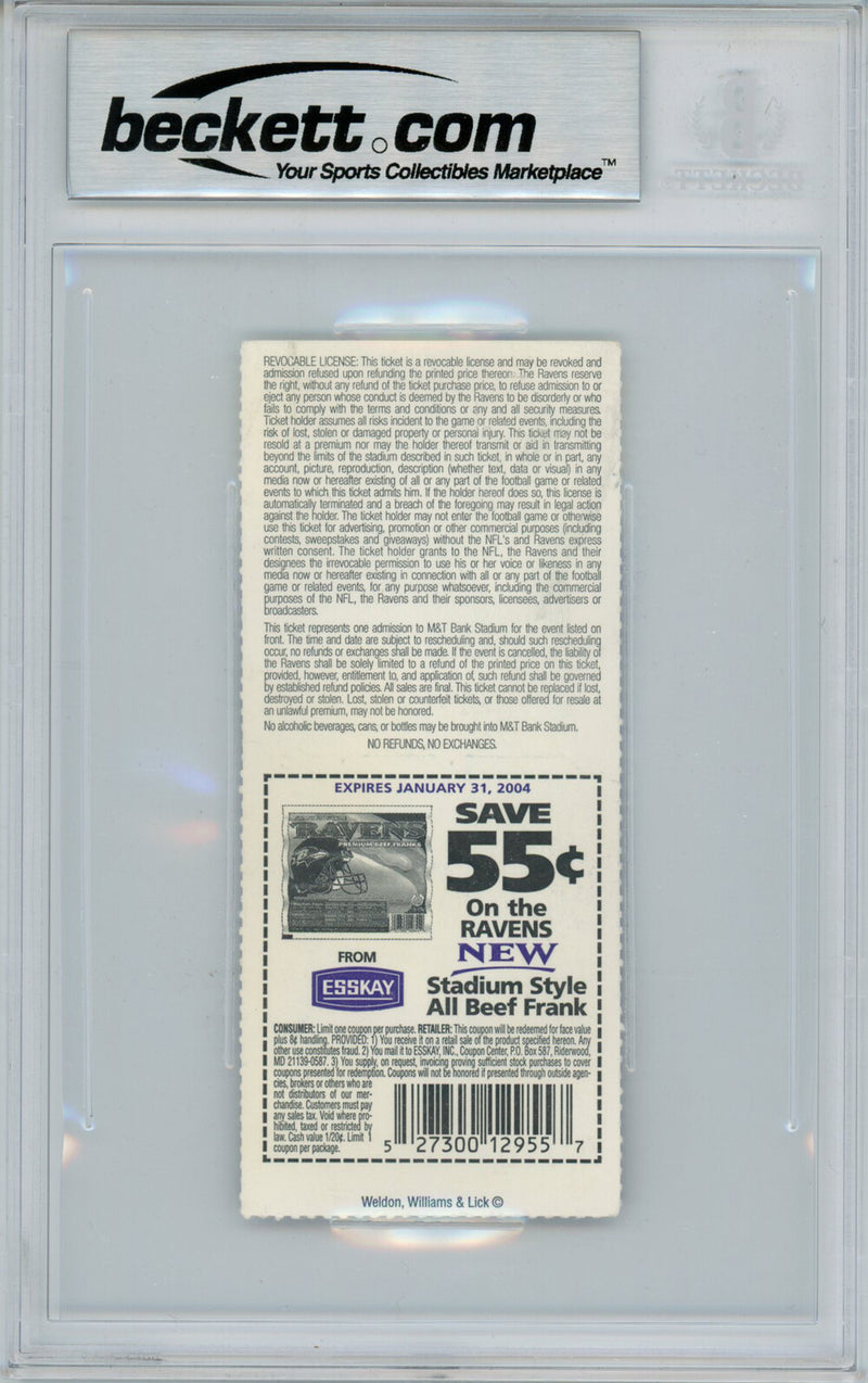 Ray Lewis Signed 9/14/2003 vs Browns Game Ticket - Beckett Slabbed