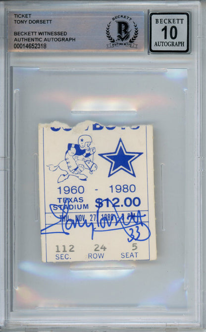 Tony Dorsett Signed 11/27/1980 vs Seahawks Ticket Stub Beckett Slabbed 10