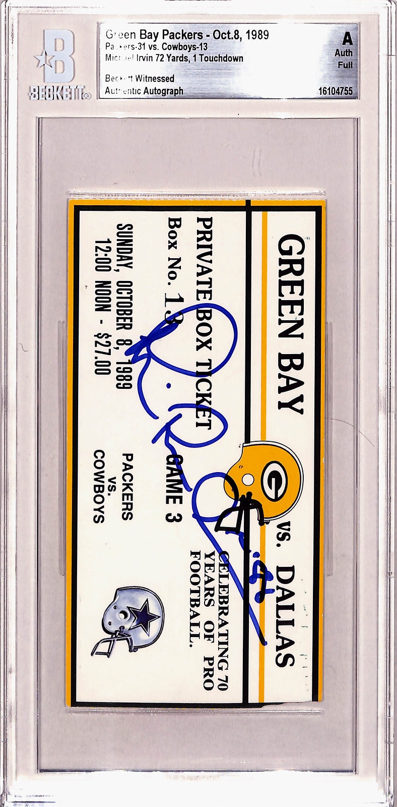 Michael Irvin Signed Dallas Cowboys 10/08/89 Ticket Stub Beckett Slabbed