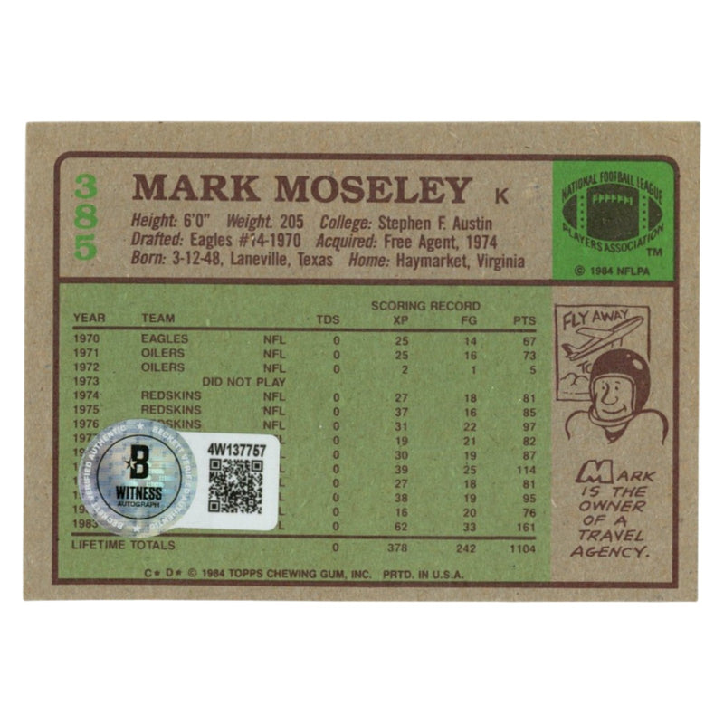 Mark Moseley Signed Washington Redskins 1984 Topps Trading Card - BAS