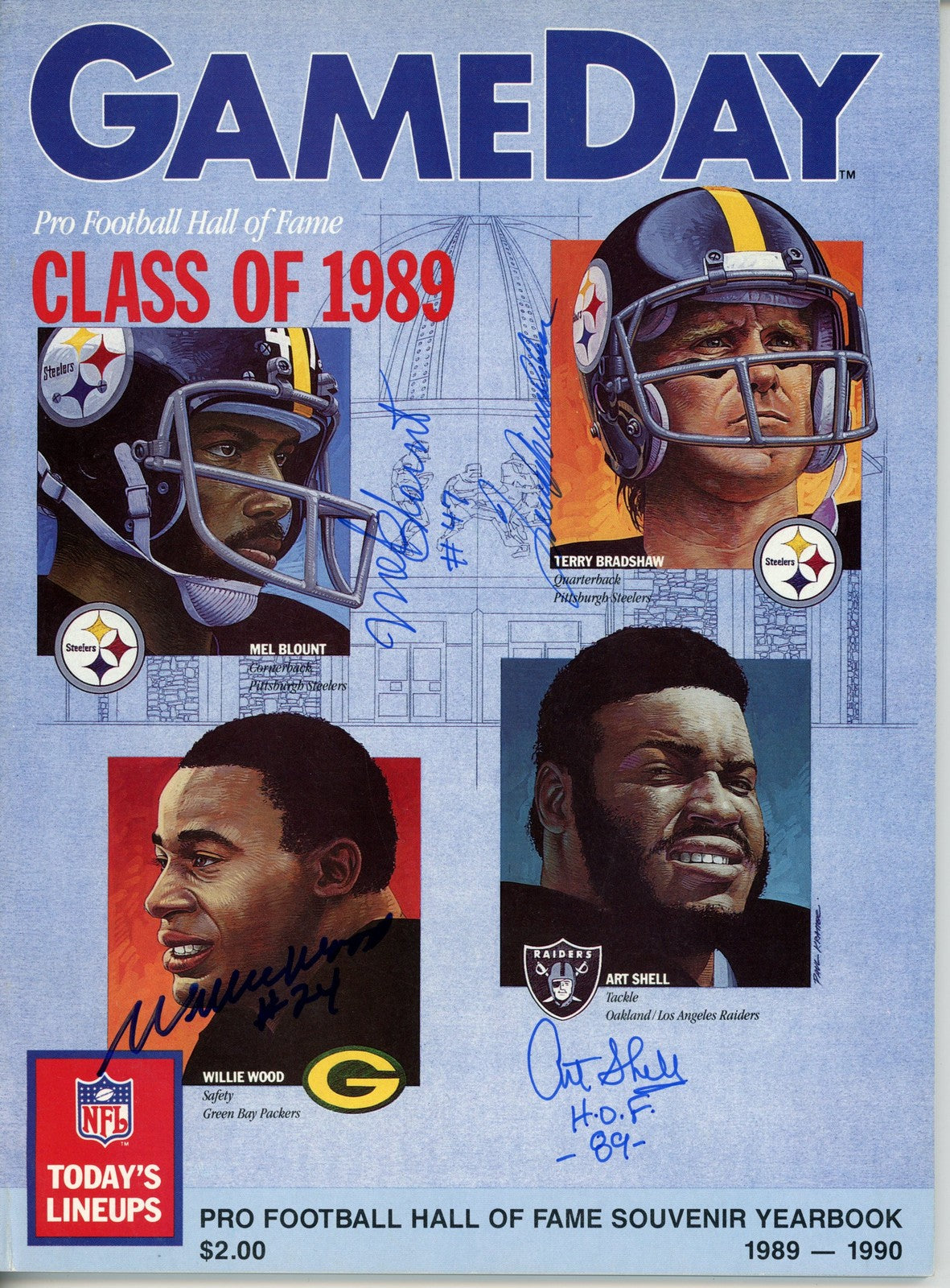 Terry Bradshaw, Willie Wood, Art Shell & Mel Blount Signed 1989 HOF Program