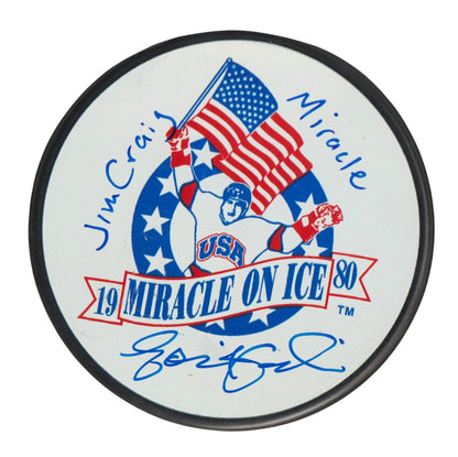Eddie Cahill Signed Miracle on Ice Logo Hockey Puck (Inscribed Jim Craig)