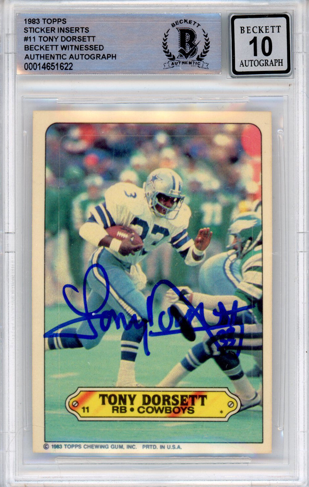 Tony Dorsett Signed 1983 Topps Sticker Beckett BAS Slabbed Card