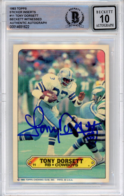 Tony Dorsett Signed 1983 Topps Sticker Beckett BAS Slabbed Card