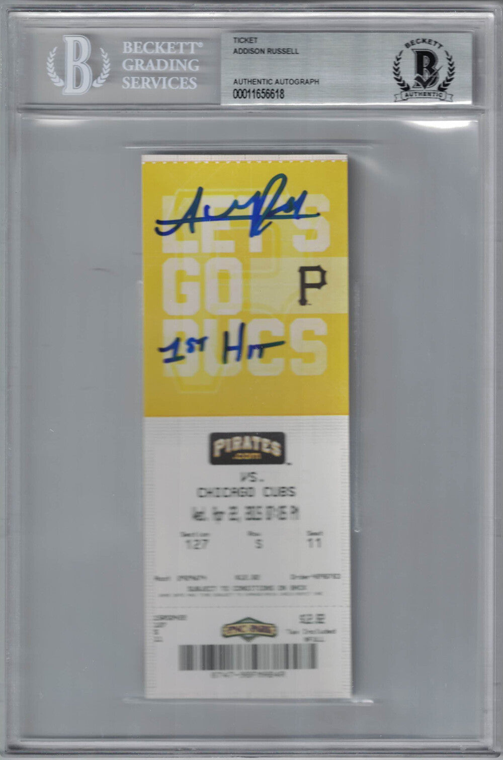 Addison Russell Signed Chicago Cubs Ticket - 1st Hit BAS Slabbed