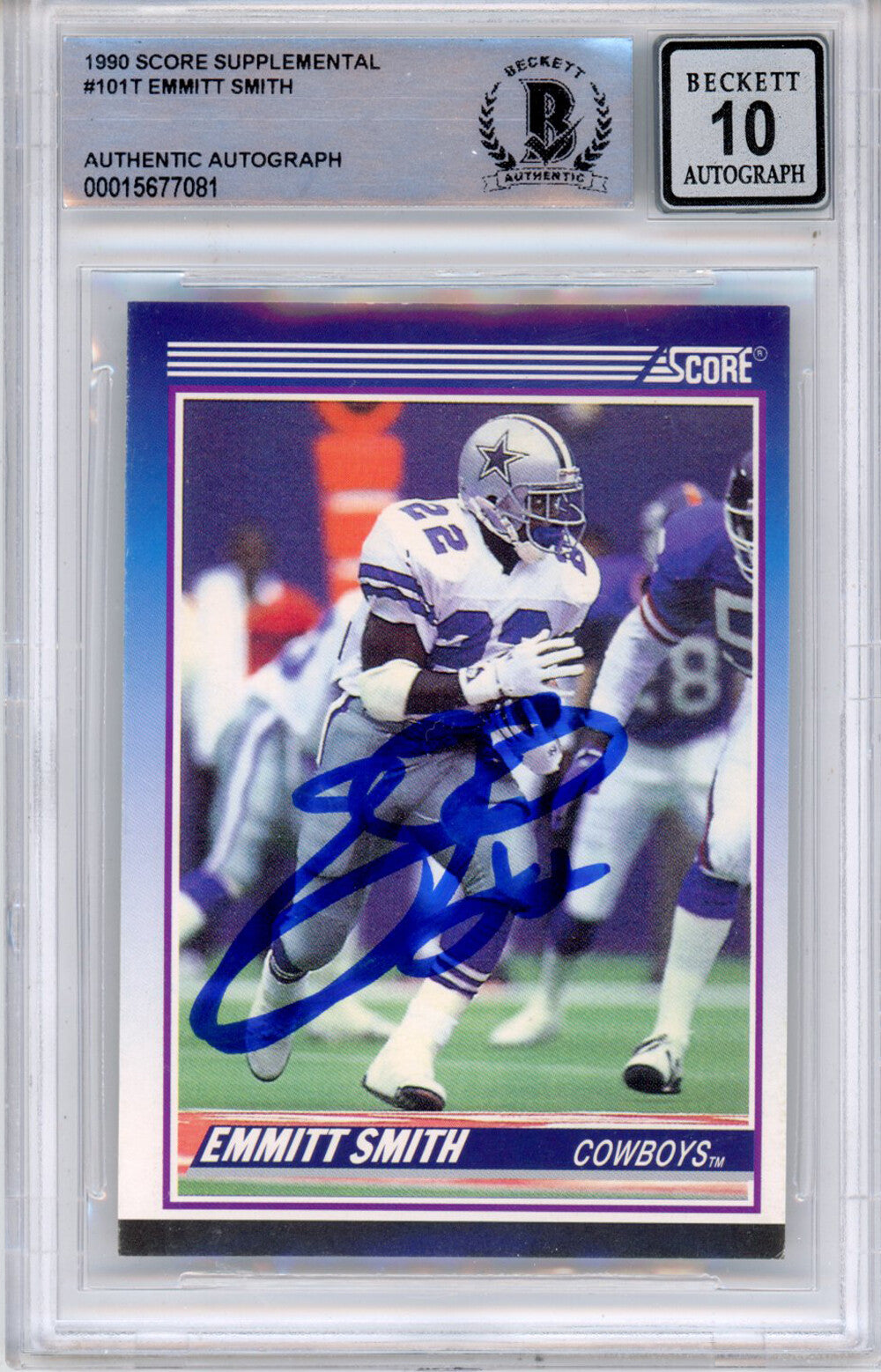 Emmitt Smith Signed 1990 Score Supplemental #101 Trading Card BAS Grade 10