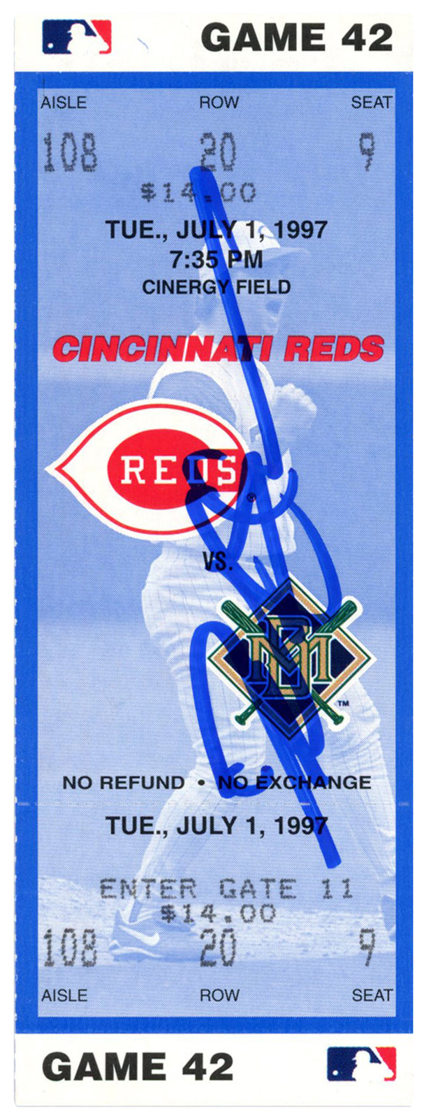 Deion Sanders Autographed Cincinnati Reds vs Brewers 7/1/1997 Ticket Stub BAS