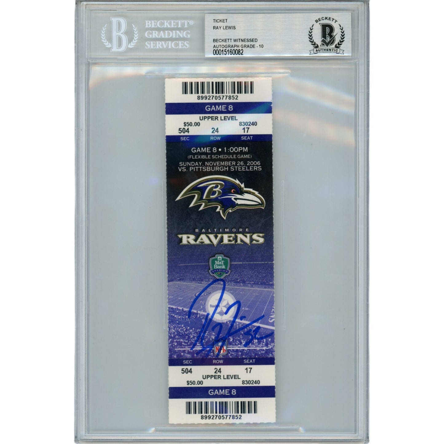 Ray Lewis Autographed Baltimore Ravens 11/26/06 Full Ticket Stub
