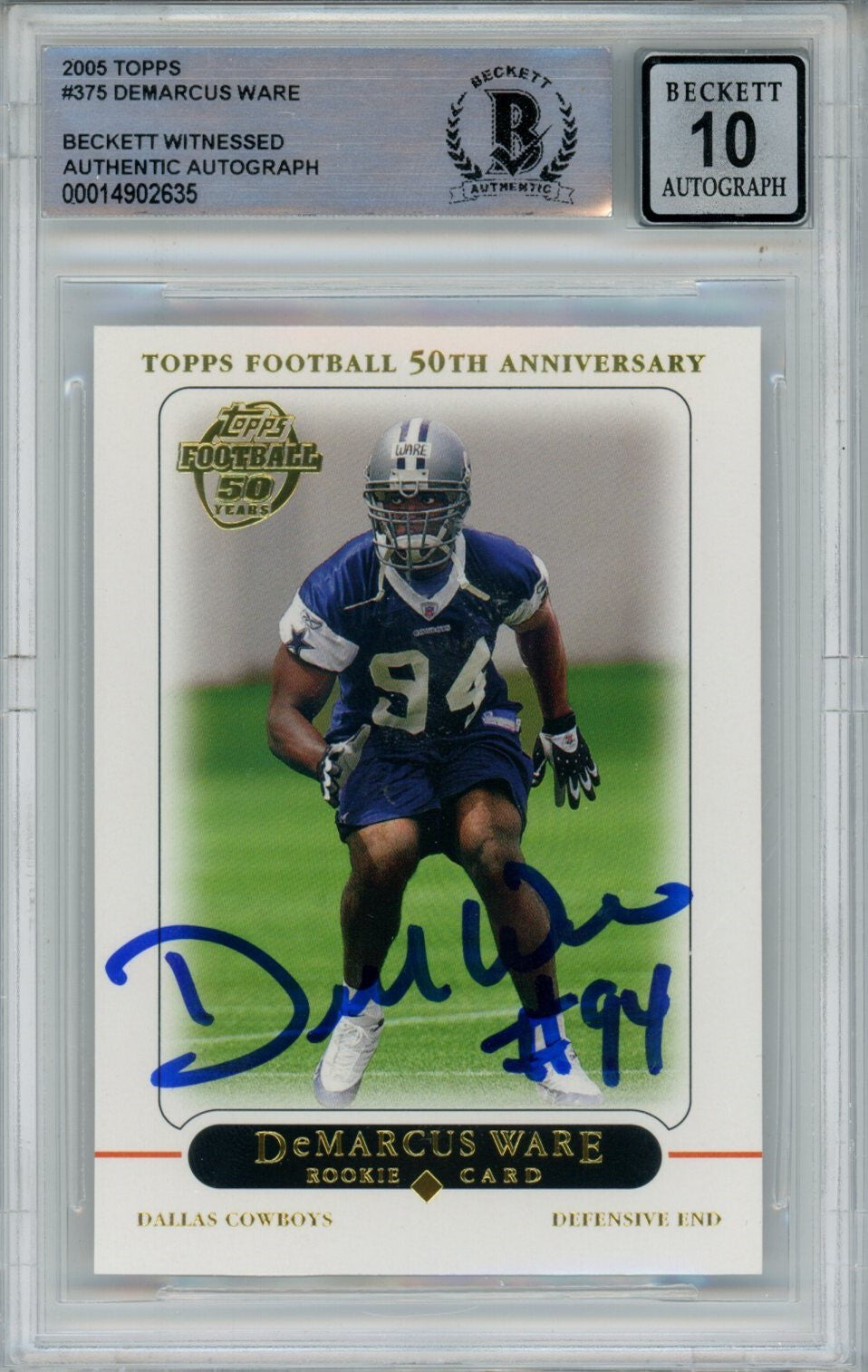 Demarcus Ware Signed Dallas Cowboys 2005 Topps #375 Card Beckett Auto 10