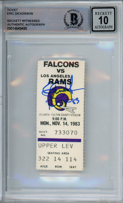 Eric Dickerson Signed 1983 Rams vs Falcons Ticket Stub - Beckett Slab 10