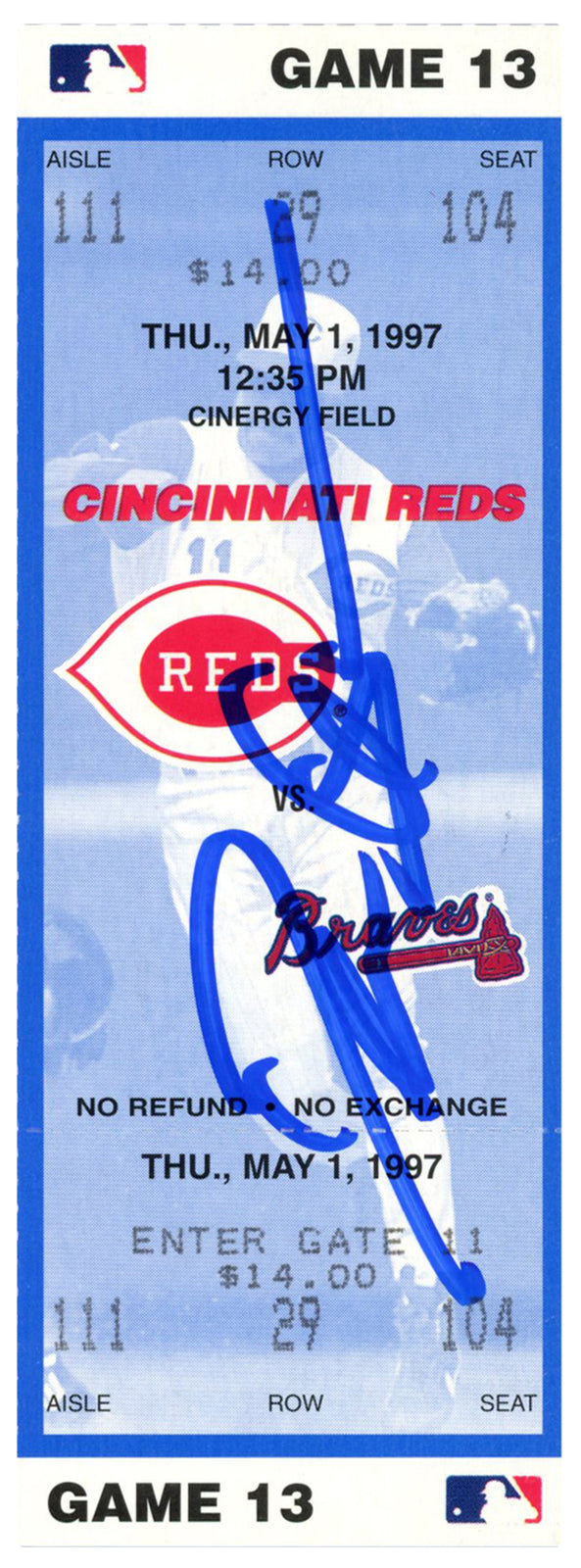 Deion Sanders Signed Cincinnati Reds Game Ticket vs. Braves (5/1/1997) BAS