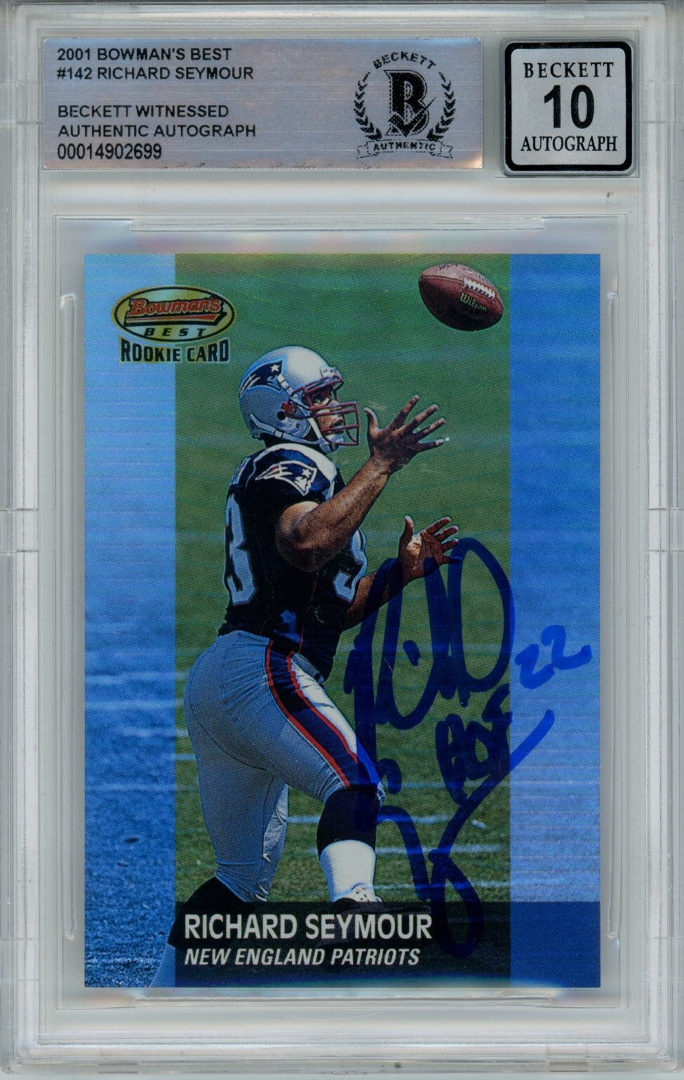 Richard Seymour Signed Patriots 2001 Bowman Card Beckett Auto 10