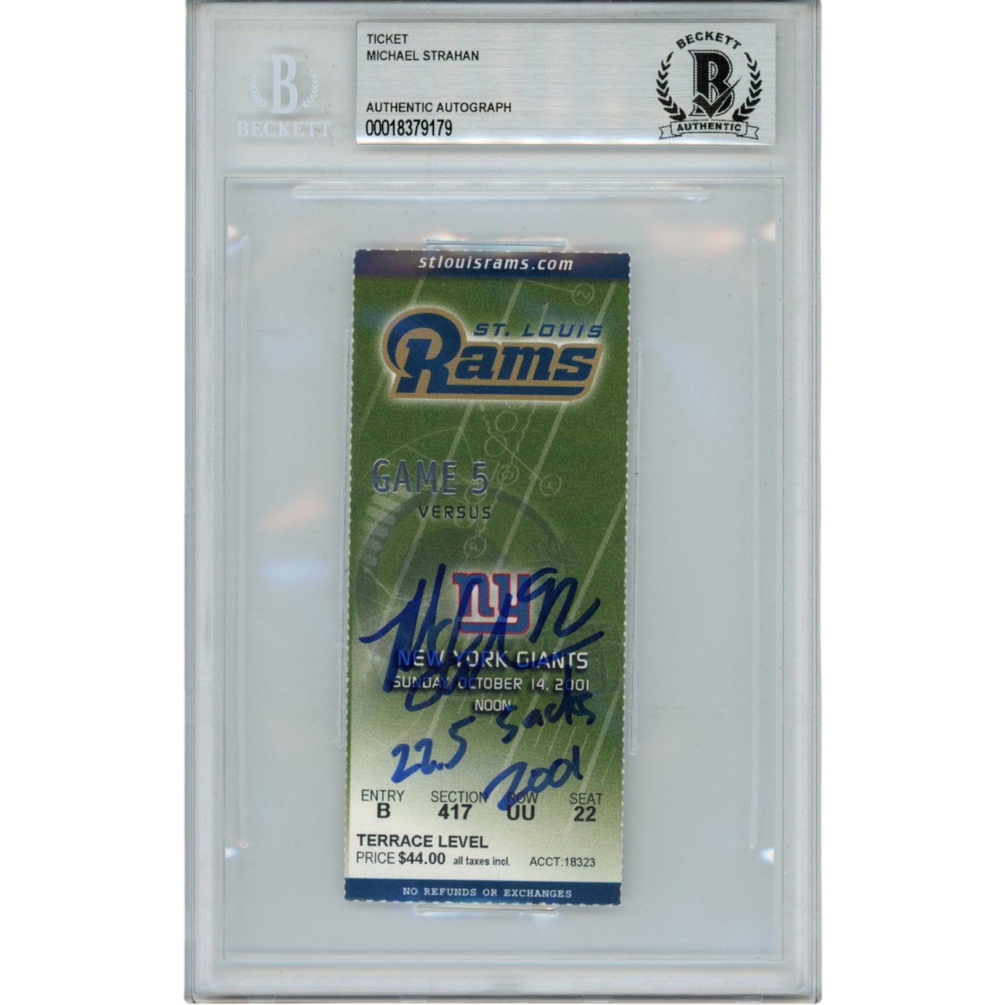 Michael Strahan Signed New York Giants 2001 Ticket Stub - 22.5 Sacks Inscribed