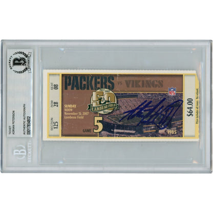 Adrian Peterson Autographed 11/11/07 ROY Inscribed Slabbed Ticket Stub